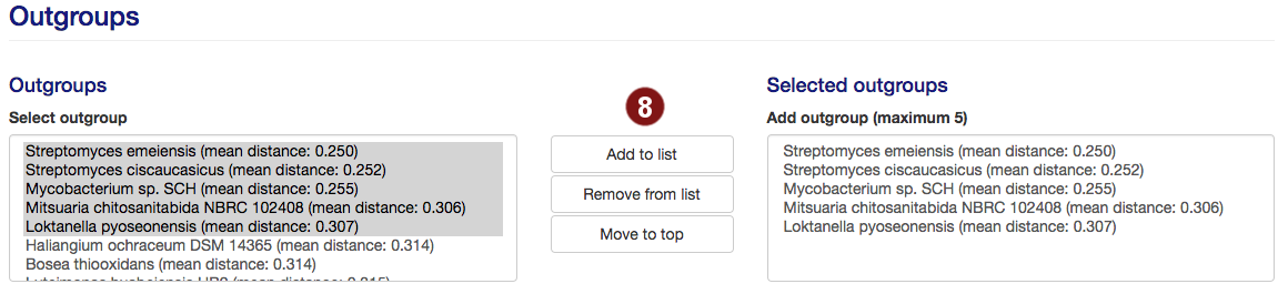 outgroup selection options of the species and outgroup selection screen