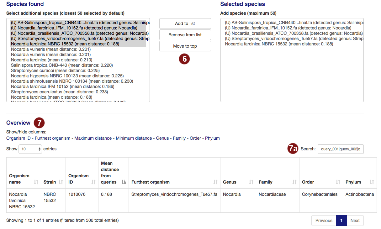 species selection options of the species and outgroup selection screen